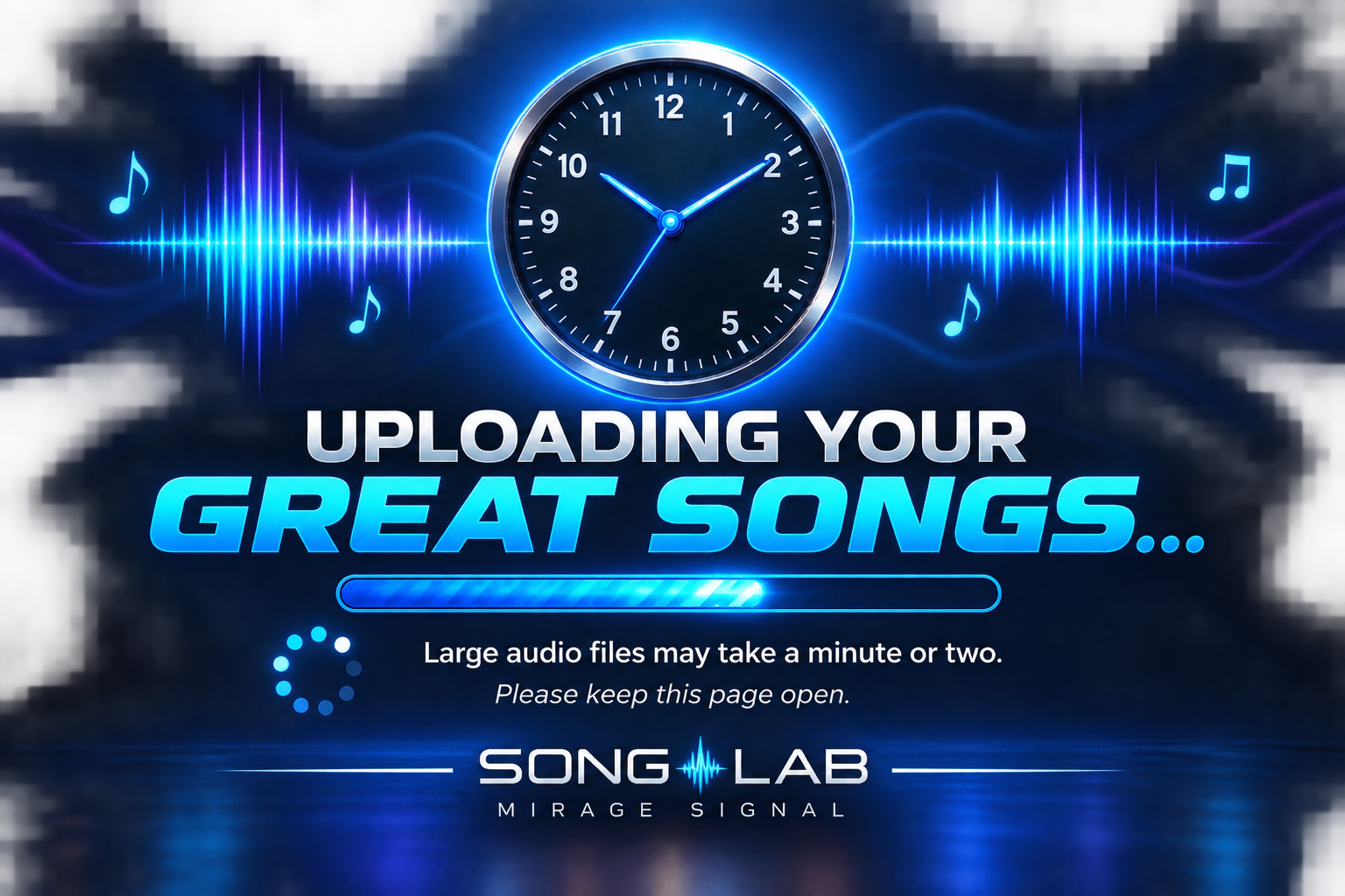 Uploading your songs. Large audio files may take a minute or two. Please keep this page open.